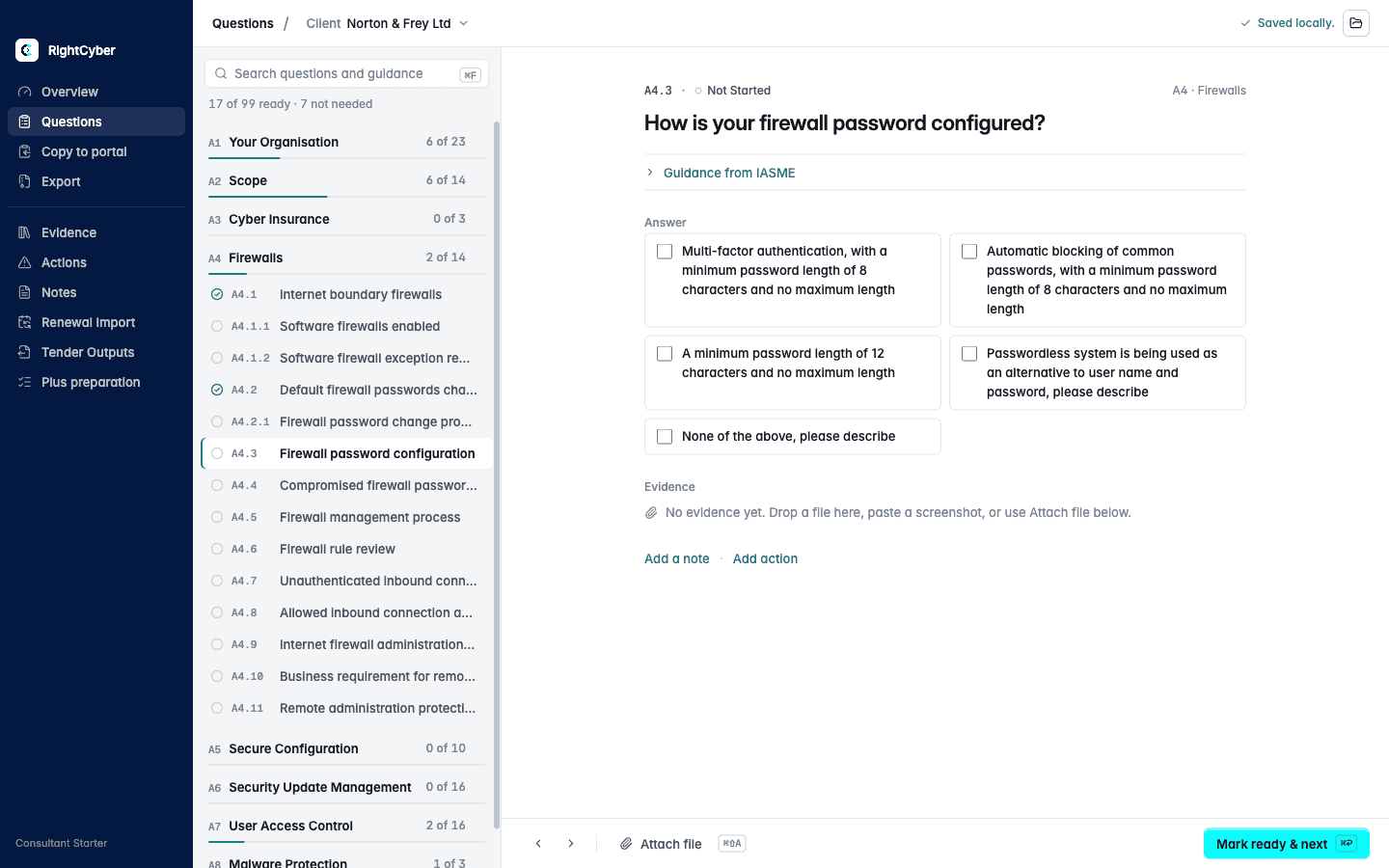 Consultant Starter Workspace question list, answer options and entry points for evidence, notes and actions, using a fictional demo client