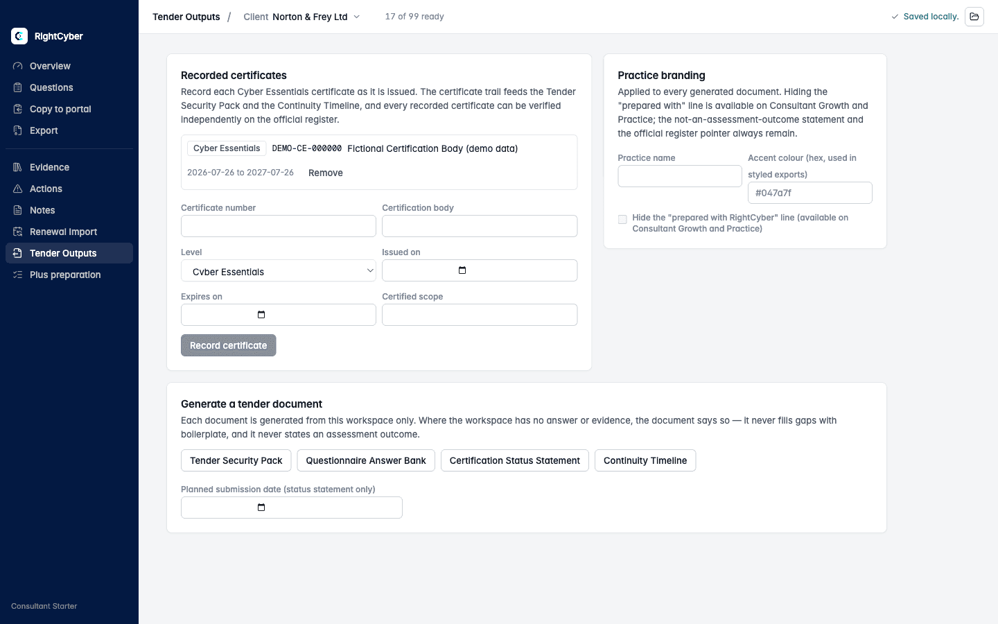 Consultant Starter Tender Outputs screen showing document previews and export controls, using fictional demo data