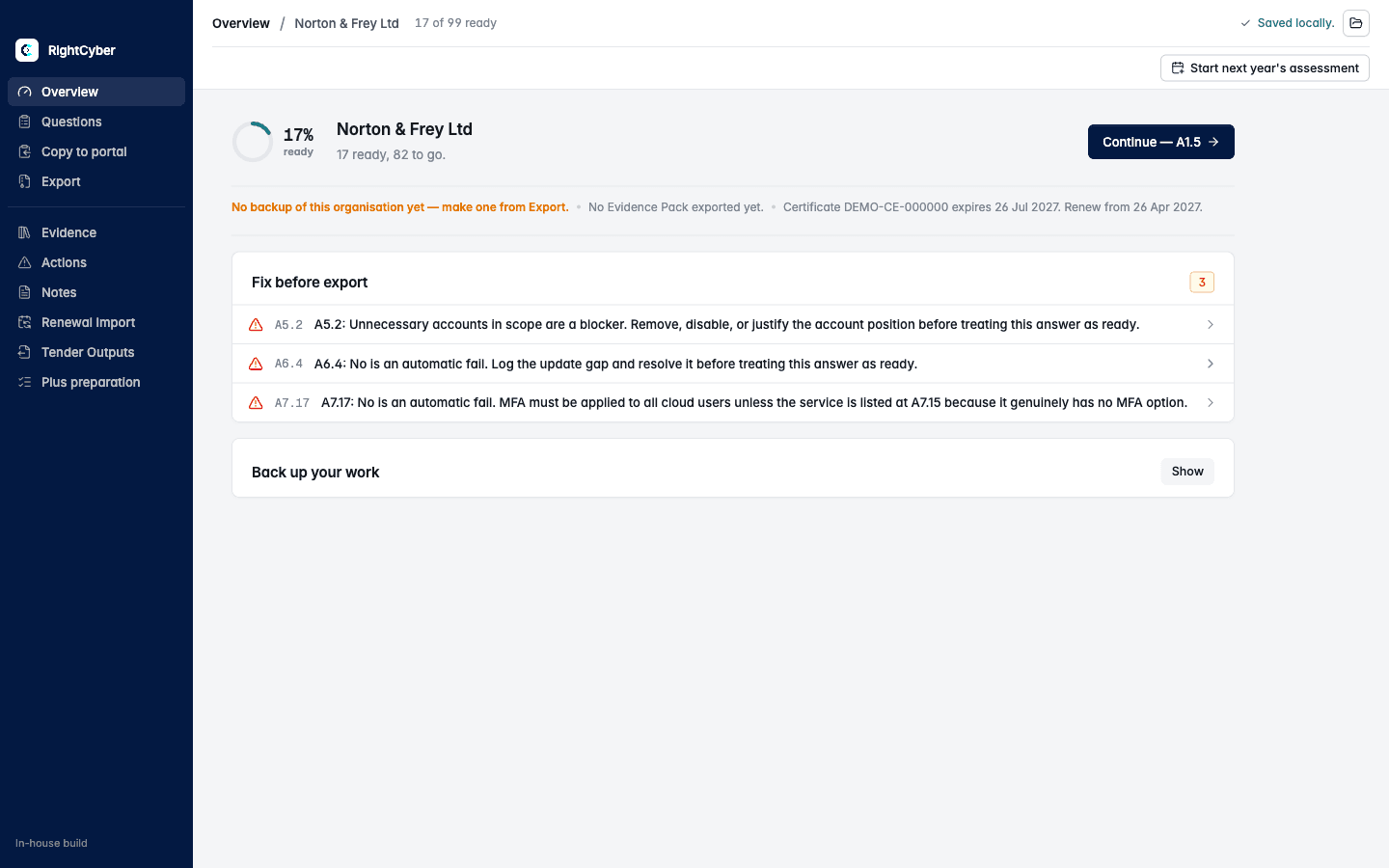 In-house Overview for a fictional demo organisation, showing the readiness ring, the certificate expiry line and a list of answers to fix before export