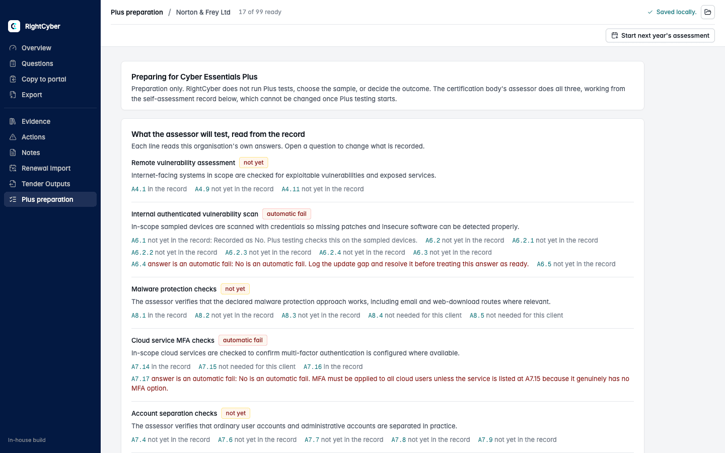 In-house Plus preparation for a fictional demo organisation, showing preparation checks linked to the organisation’s recorded answers