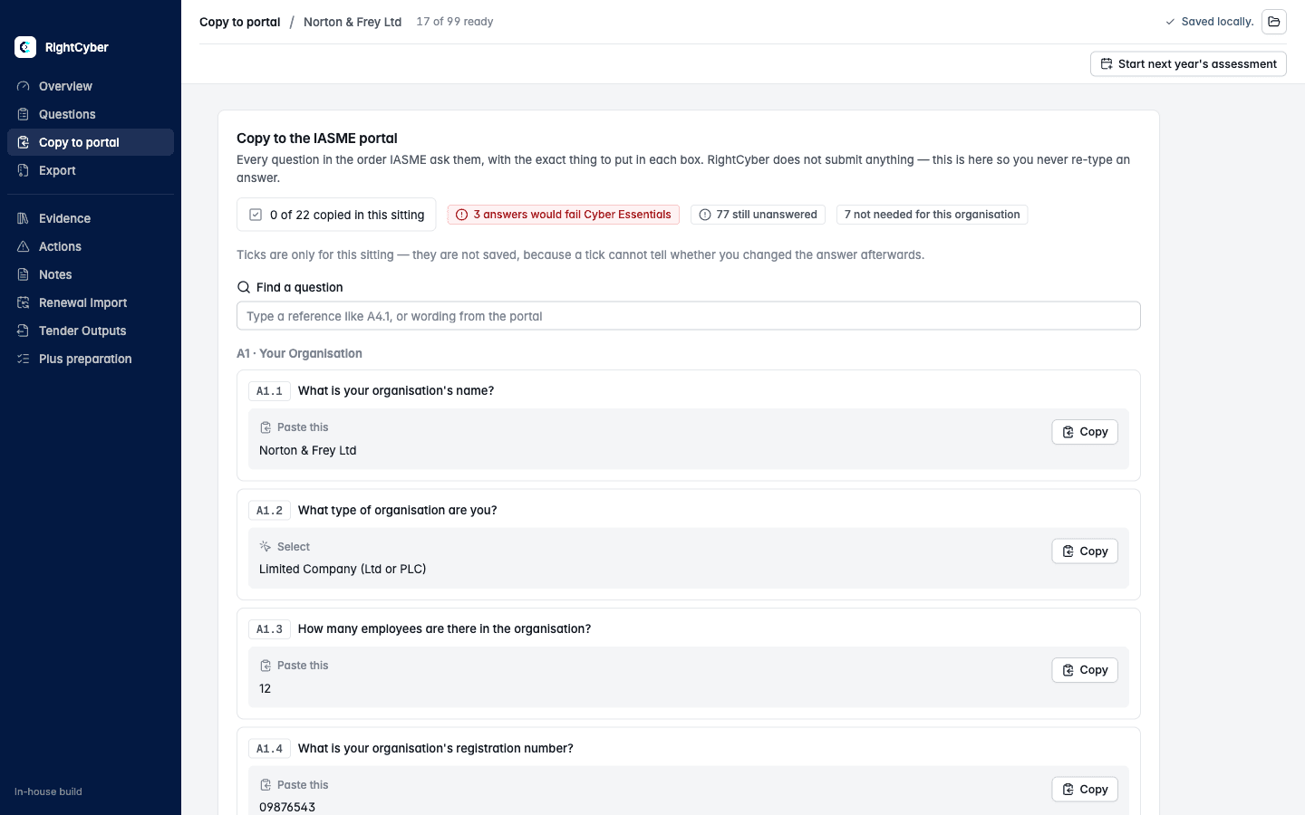 In-house Copy to portal worksheet for a fictional demo organisation, showing the IASME portal fields in order, each with its own Copy button