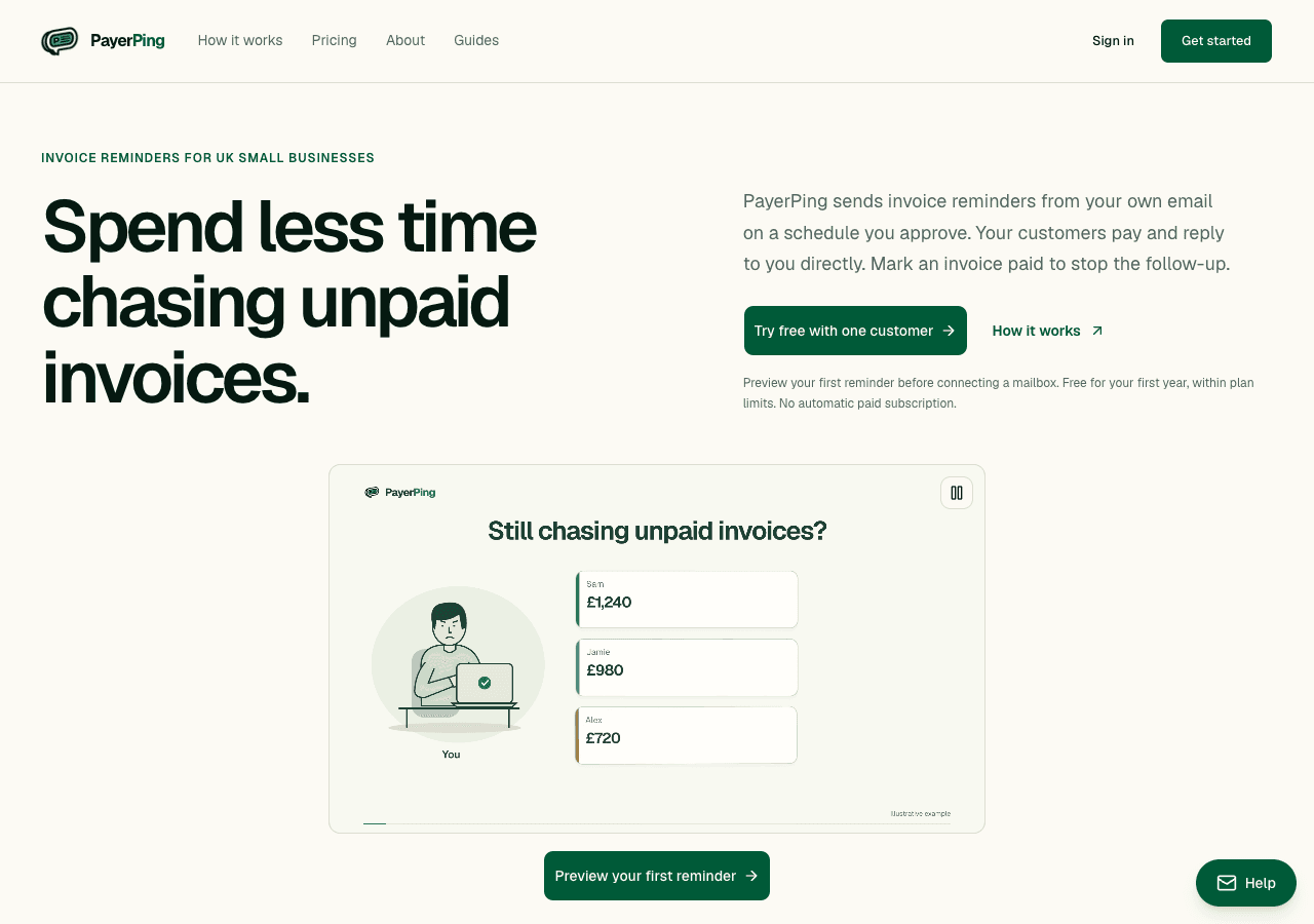 PayerPing's public homepage introducing its invoice reminder workflow.