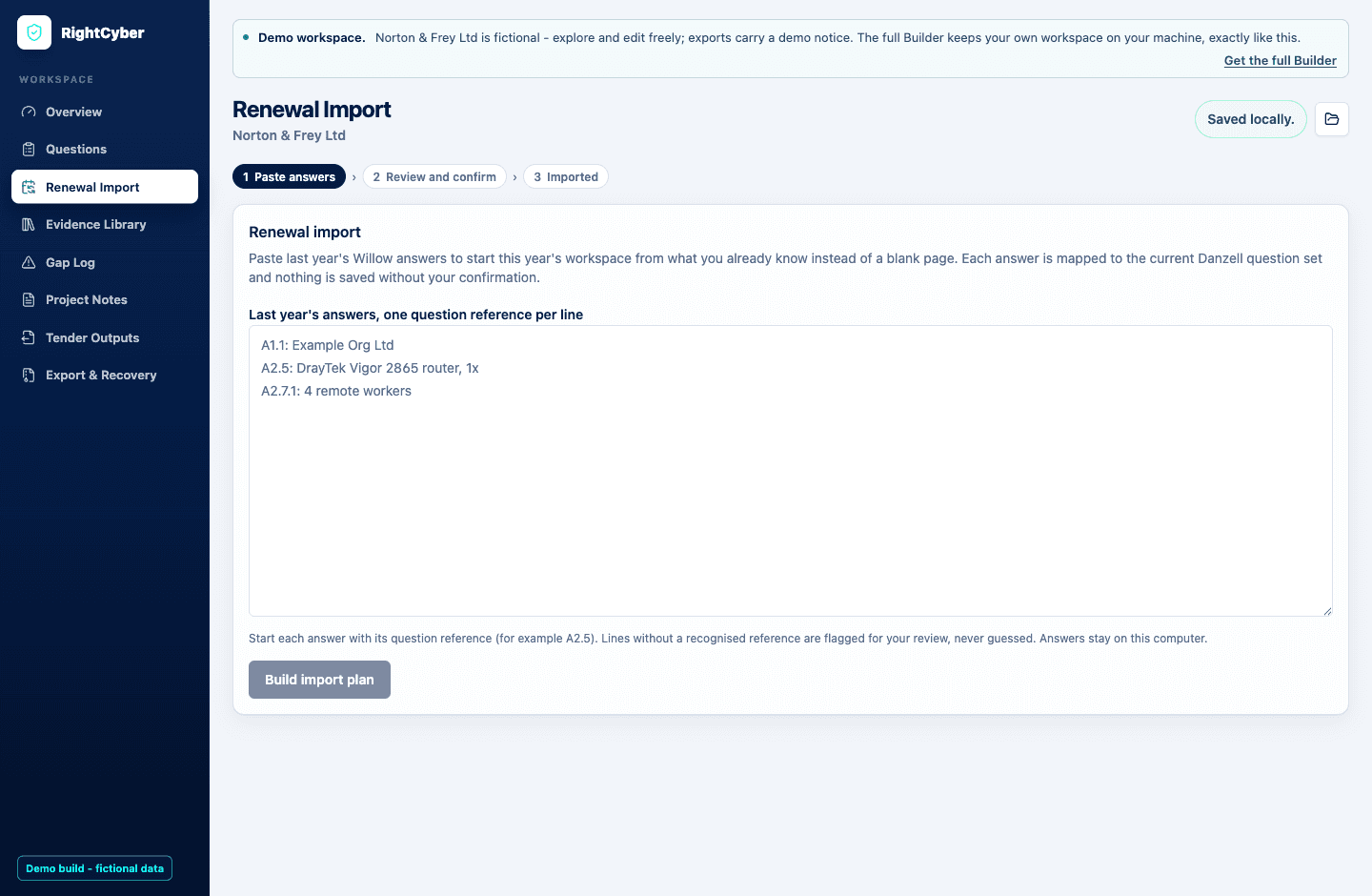 The Renewal Import review step showing the Renewal Delta Report and per-question confirmation with a requirement-changed warning