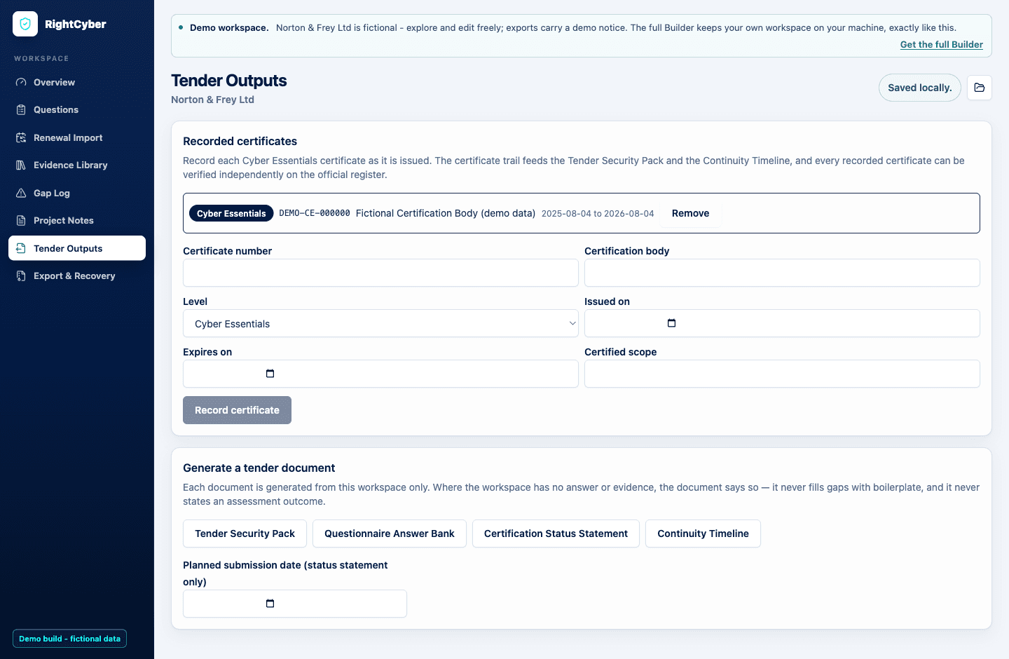 The Tender Outputs view with a generated Tender Security Pack preview and export buttons