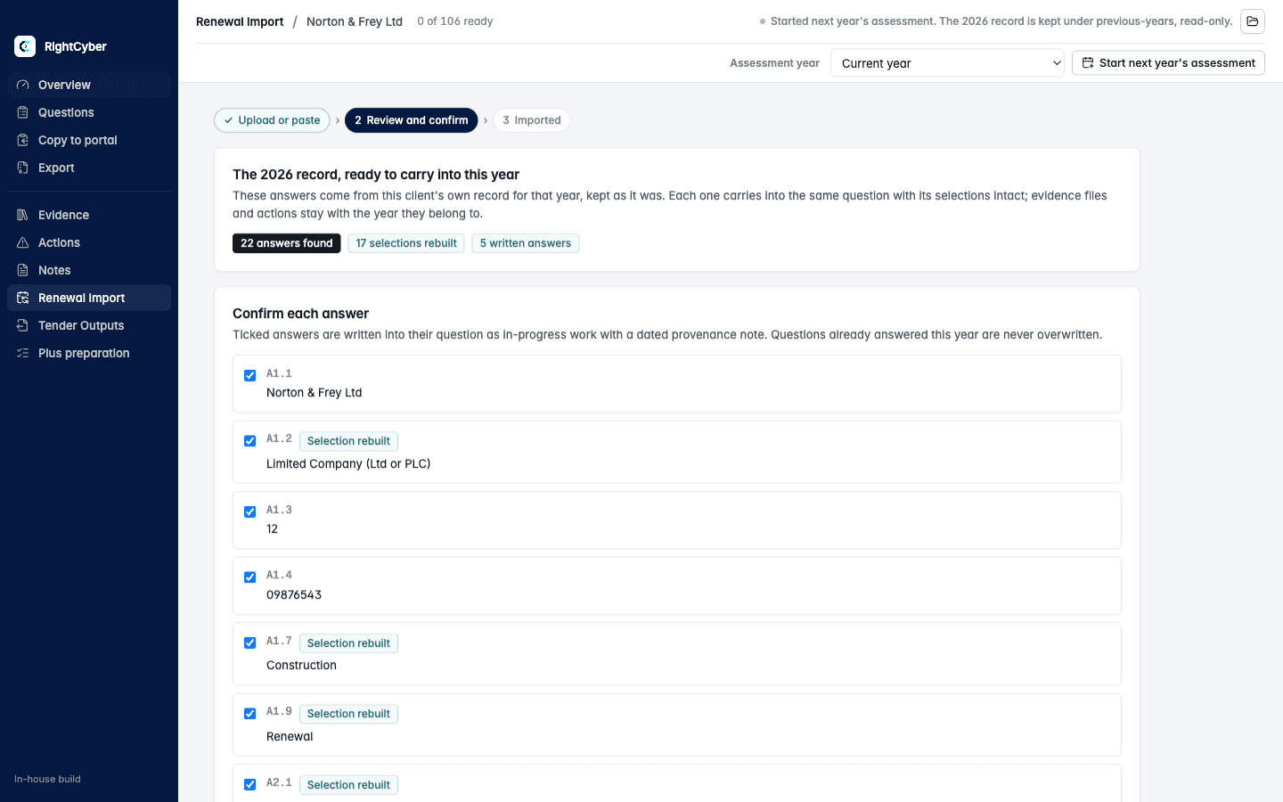 RightCyber Workspace reviewing a fictional organisation's previous assessment answers before carrying them into a new record